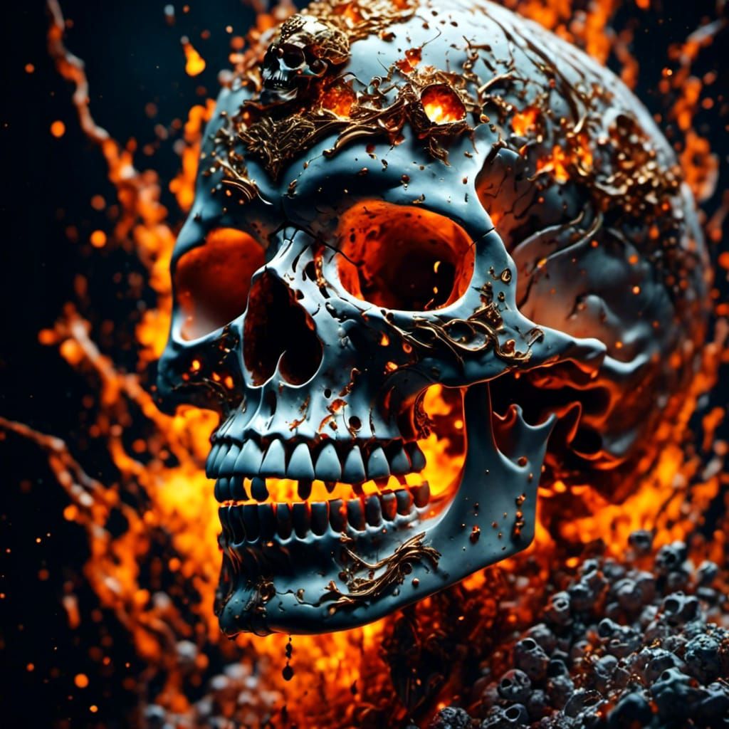 Expressive Skull in Fiery Destruction: Hyperrealistic Close-...
