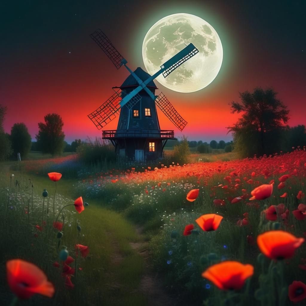 Moonlit Meadow: Biopunk Windmill in Iridescent Light