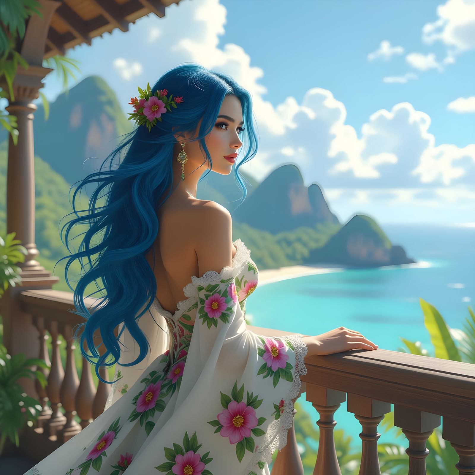 Irish Woman Overlooking Tropical Island in Digital Painting
