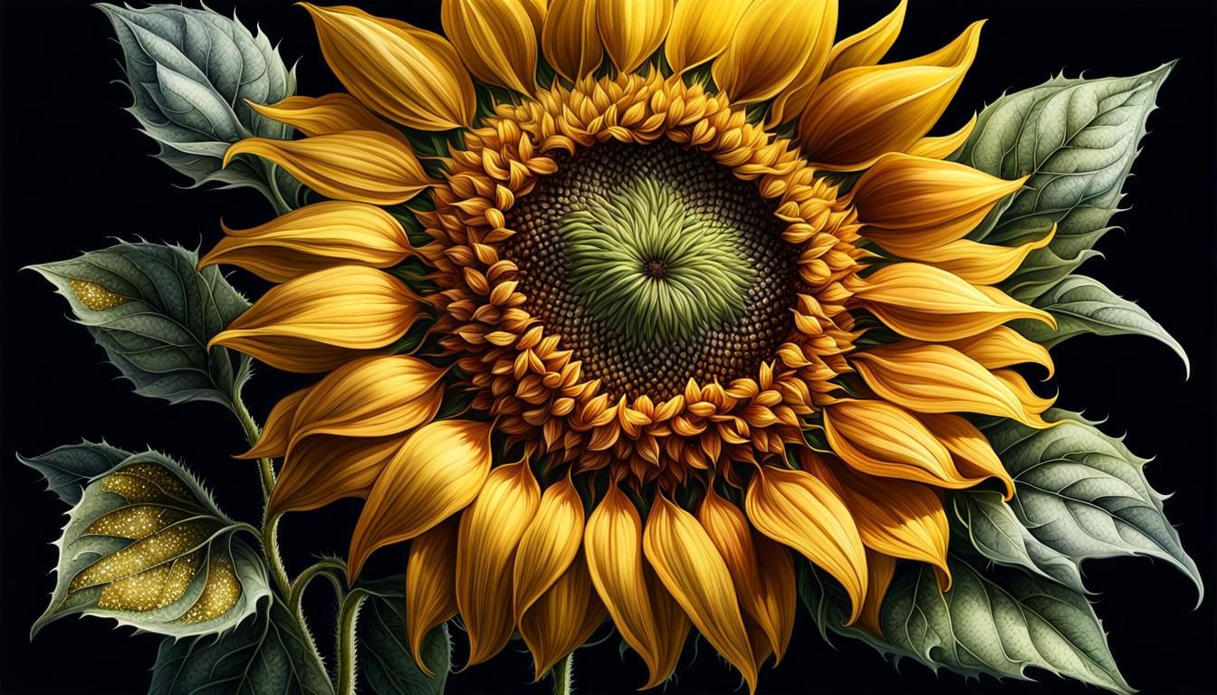 Excuisite beautiful fluffy sunflower, intricate details. By Valerie leblond and By Viktoria Gavrilenko vector style, dar...