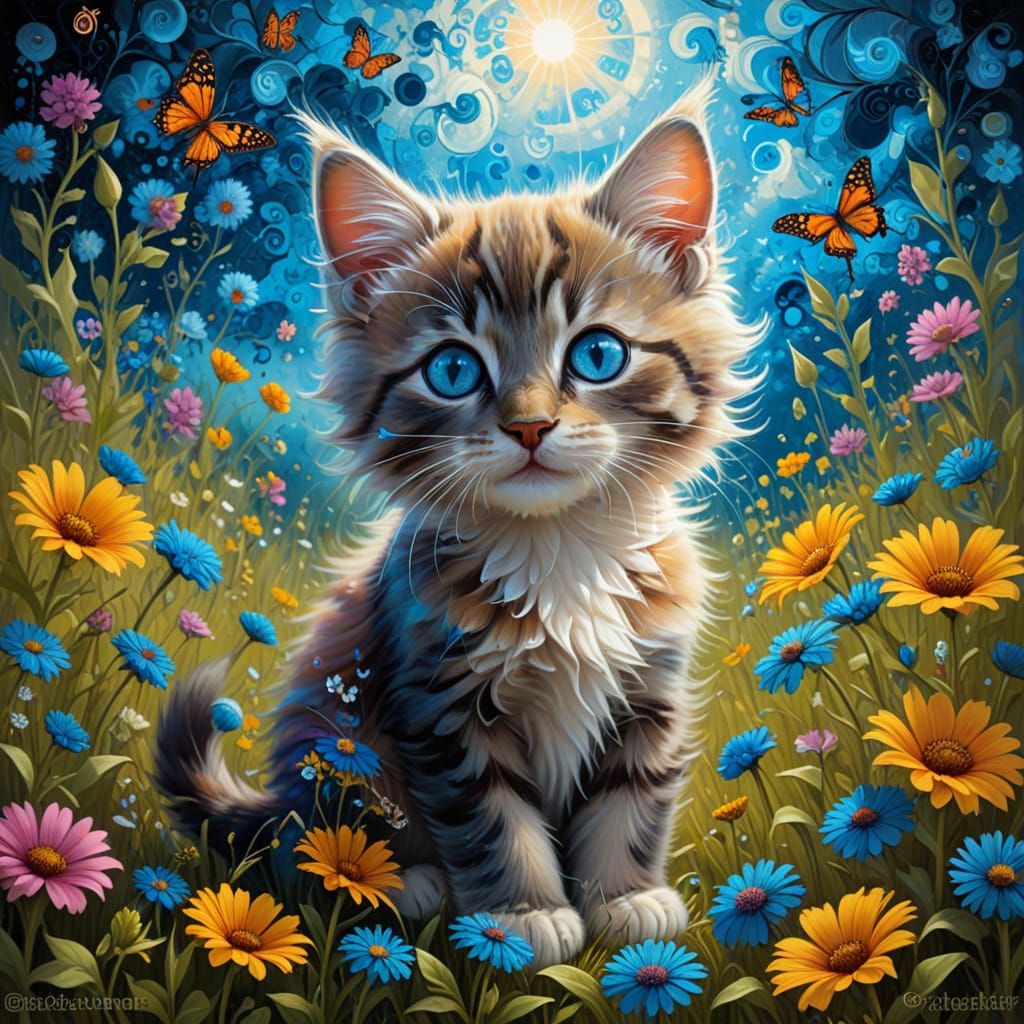Blue-Eyed Kitten in Fractal Floral Fantasy, Digital Art