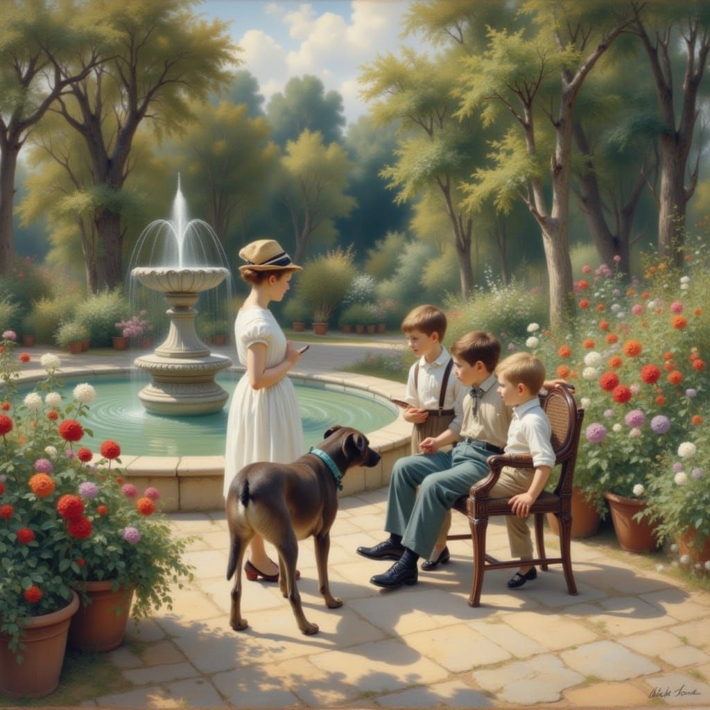 1930s Boys Play with Dog in Garden Fountain