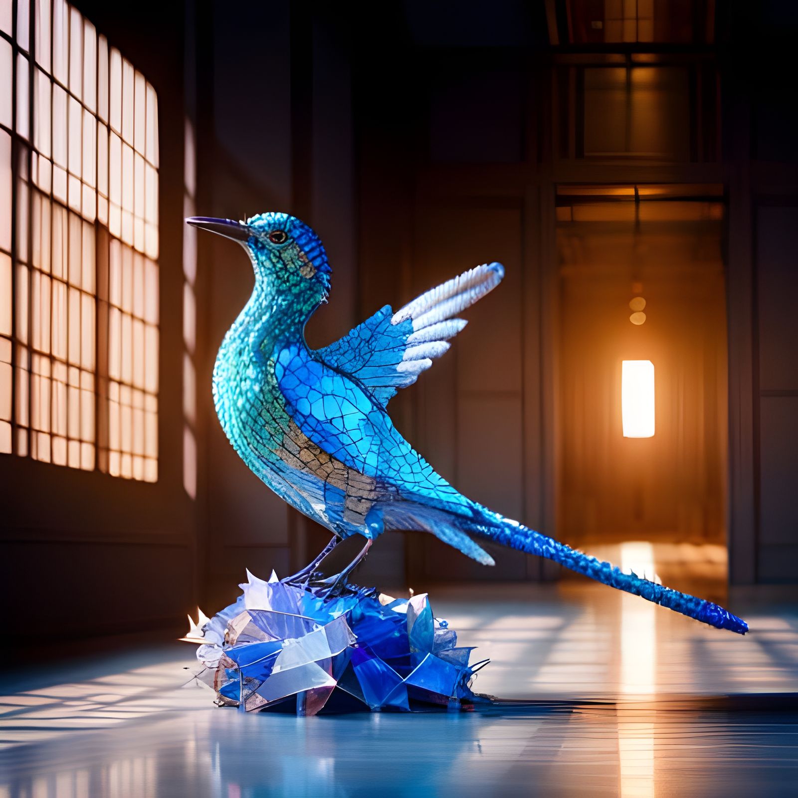 Tiffany Bird Sculpture on Broken Glass, 8K