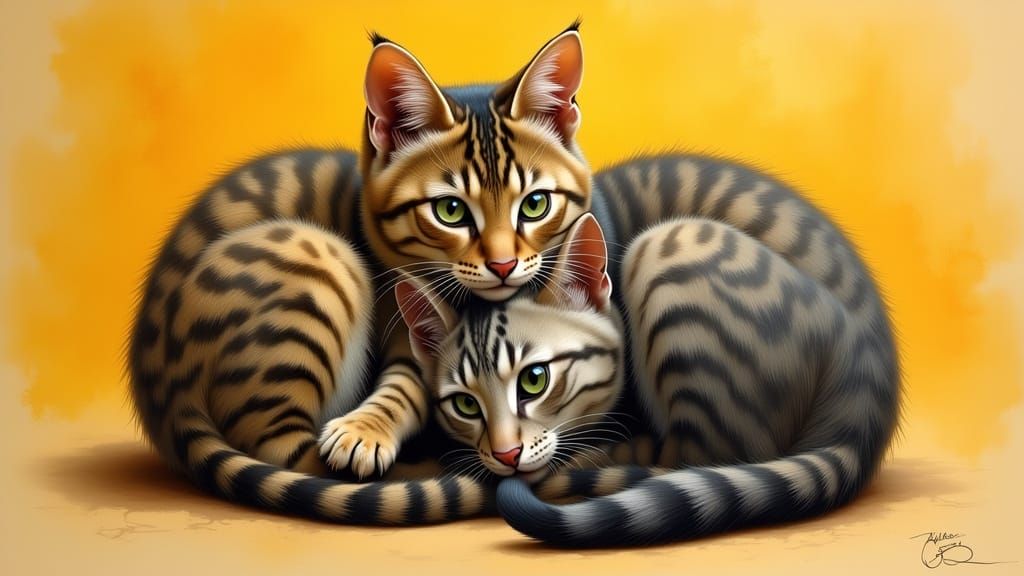 Whimsical Feline Duo in Oil Painting Style