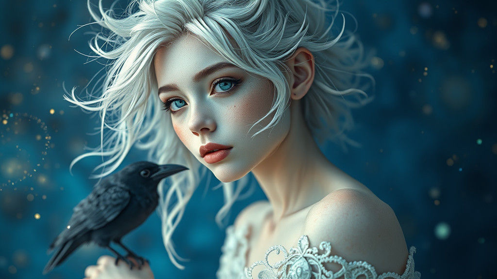 Ethereal Character with Crow in Dreamy, Whimsical Style