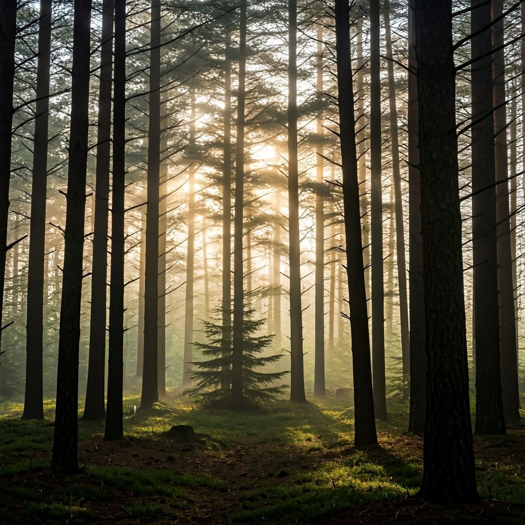 Misty Pine Forest in Morning Fog