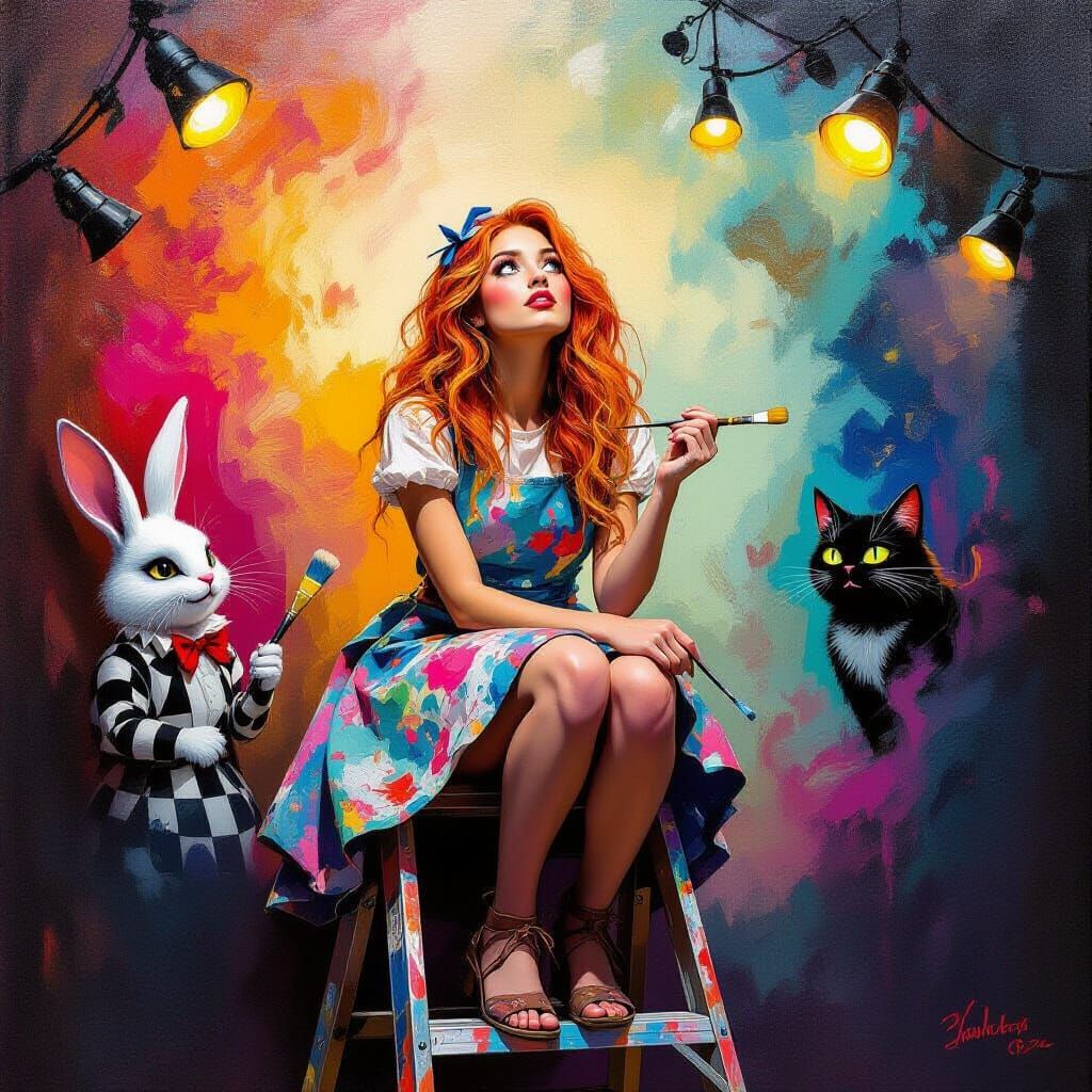 Fiery-Haired Painter in Wonderland, Oil Painting Style