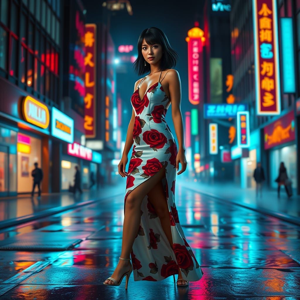 Latina in Cyberpunk Cityscape with Rose Gown