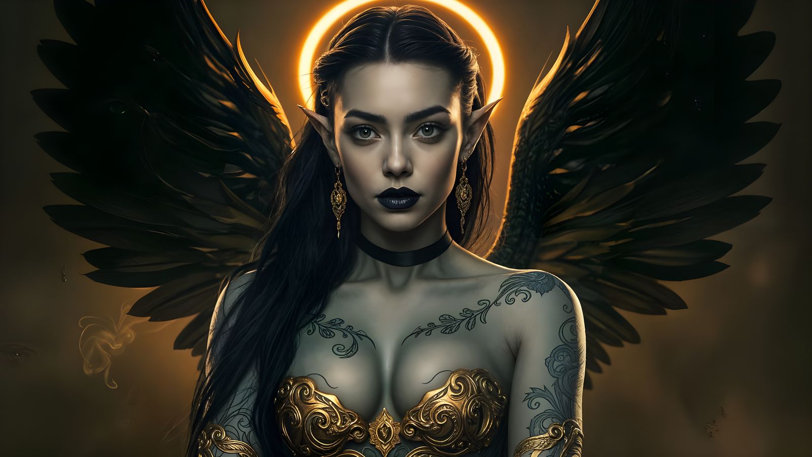 Ethereal Fallen Aasimar Sorceress with Golden Tattoos and Bl...