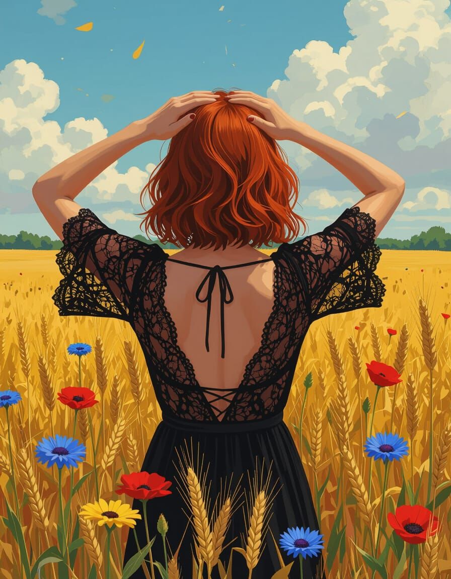 Woman in Field: Expressive Graffiti Art Style