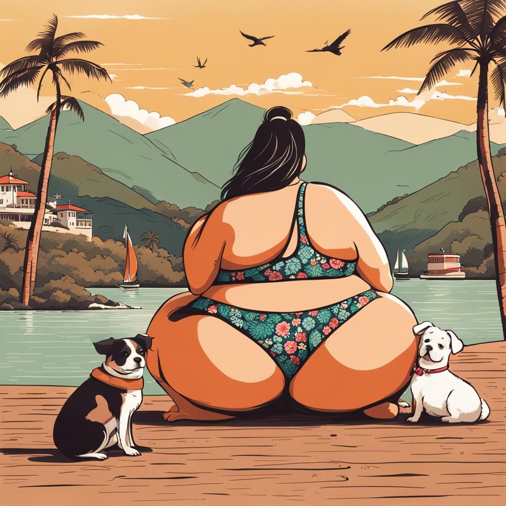 Curvy Woman with Dog in Bikini