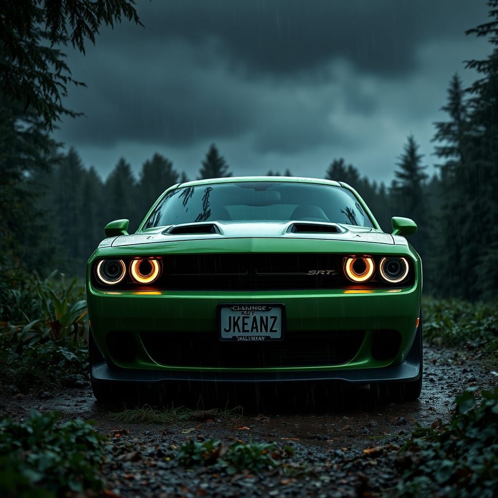 Dodge Challenger SRT in Rainy Forest, Digital Art