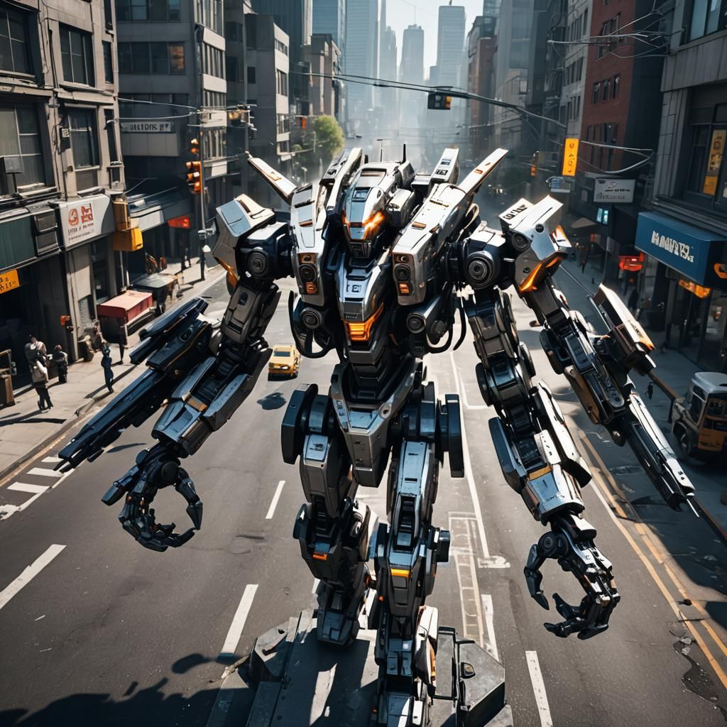 Futuristic Four-Armed Mech with Laser Eye in Cityscape