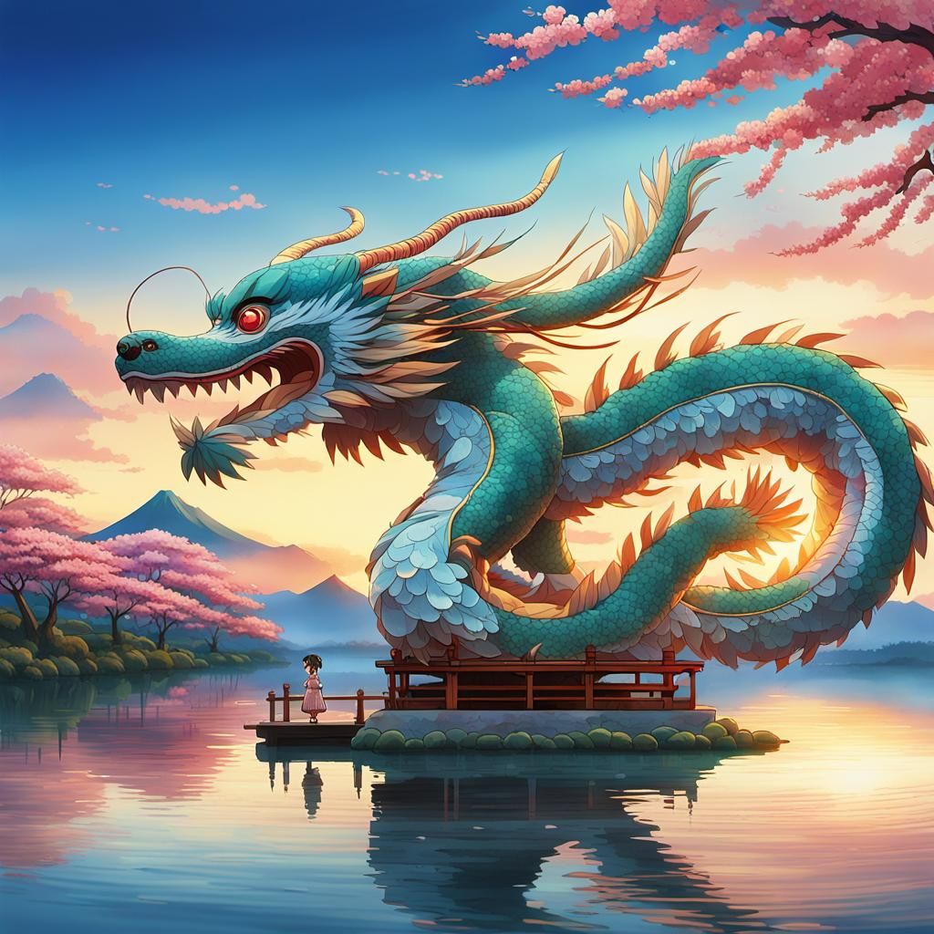 Traditional Japanese Girl at Serene Lake Sunset in Makoto Sh...