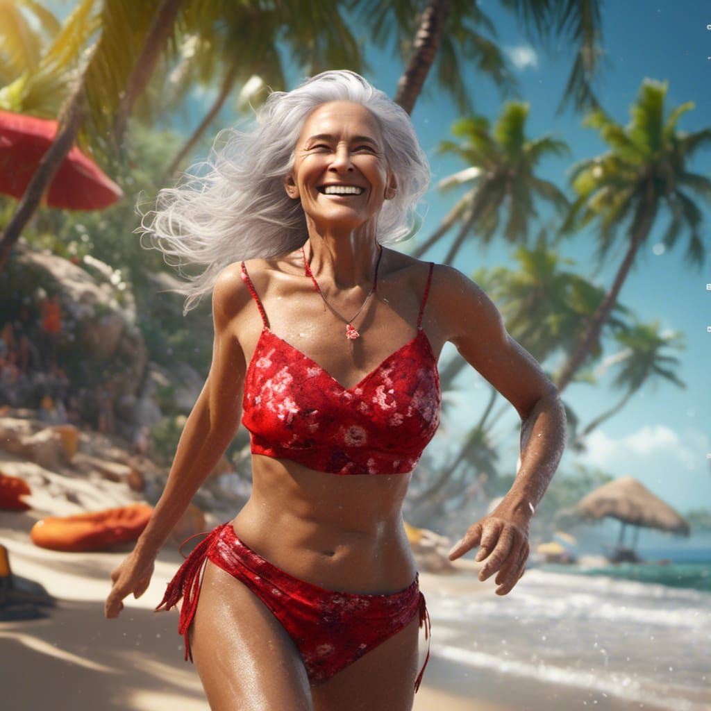 Mature Woman in Red Bikini on Tropical Beach