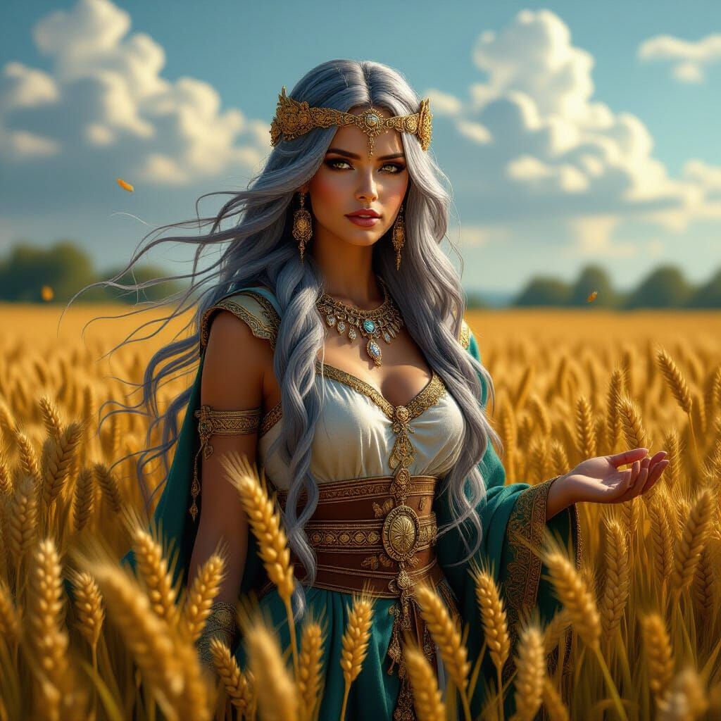 Bulgarian Wheat Goddess with Gray Hair in Fantasy Art Style