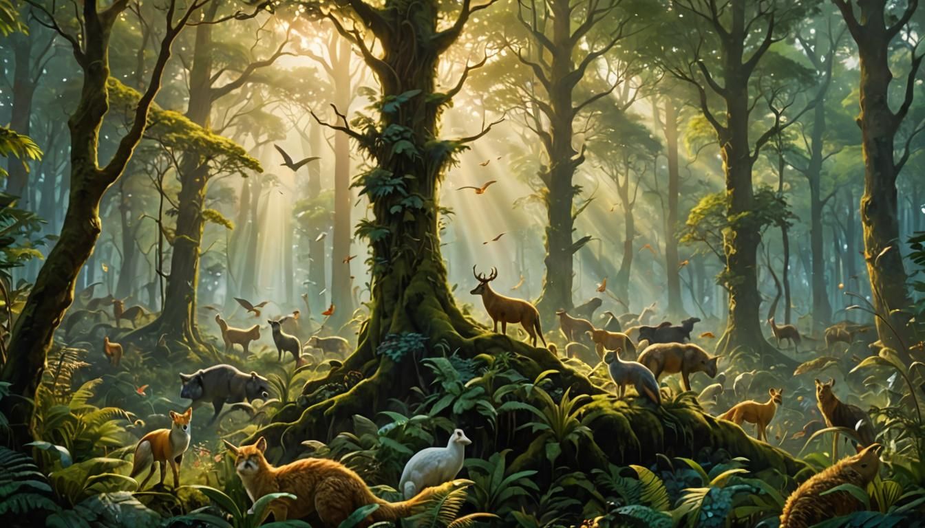 Mythological Gathering of Animals in Dreamlike Forest