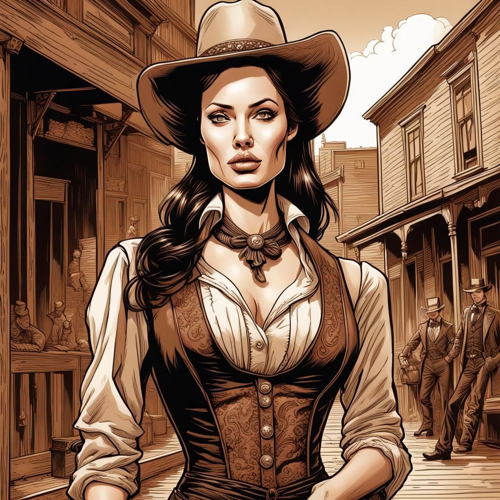 Saloon Girl in Western Town, Sepia Comic Art