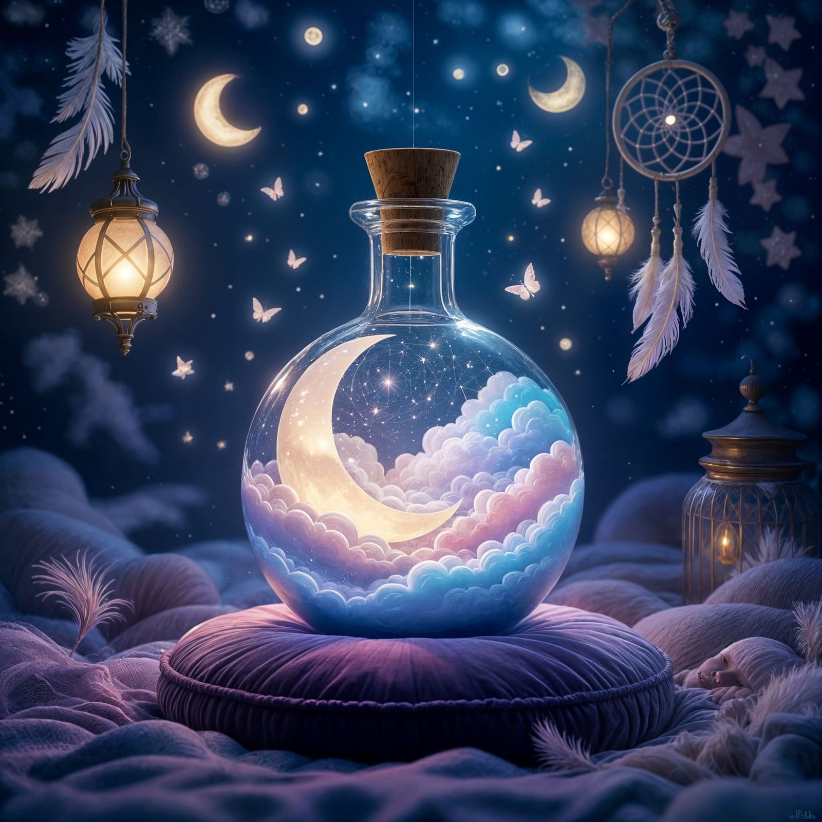 Dream Tonic Flask with Moths and Dream Scenes