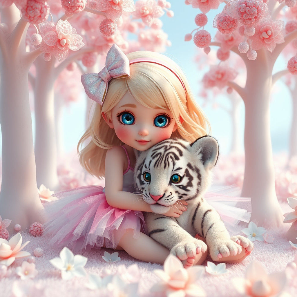 Girl and Tiger Cub in Candy Forest, 3D Anime Art