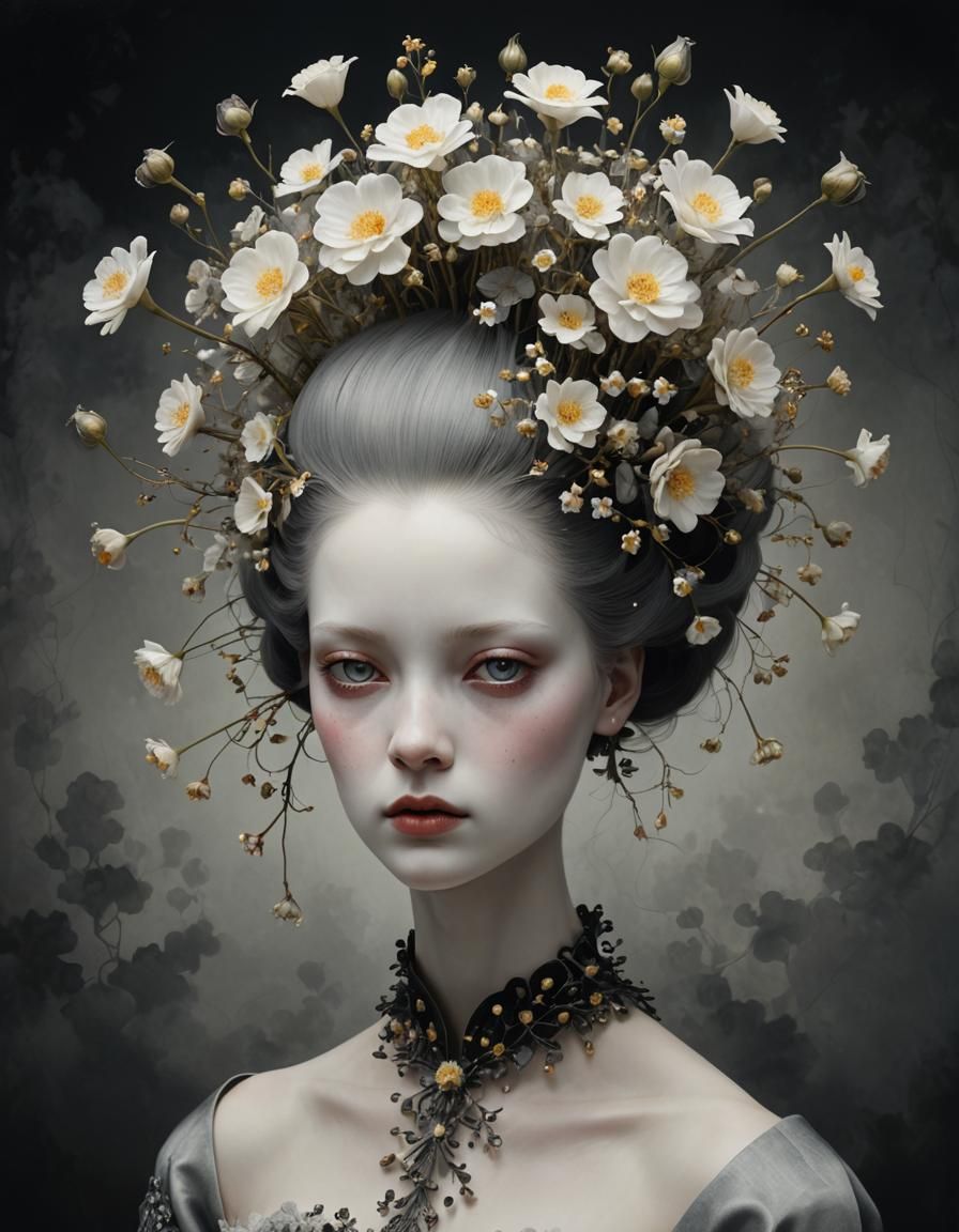 Surreal Head Portrait with Flowers and Fantasy Details