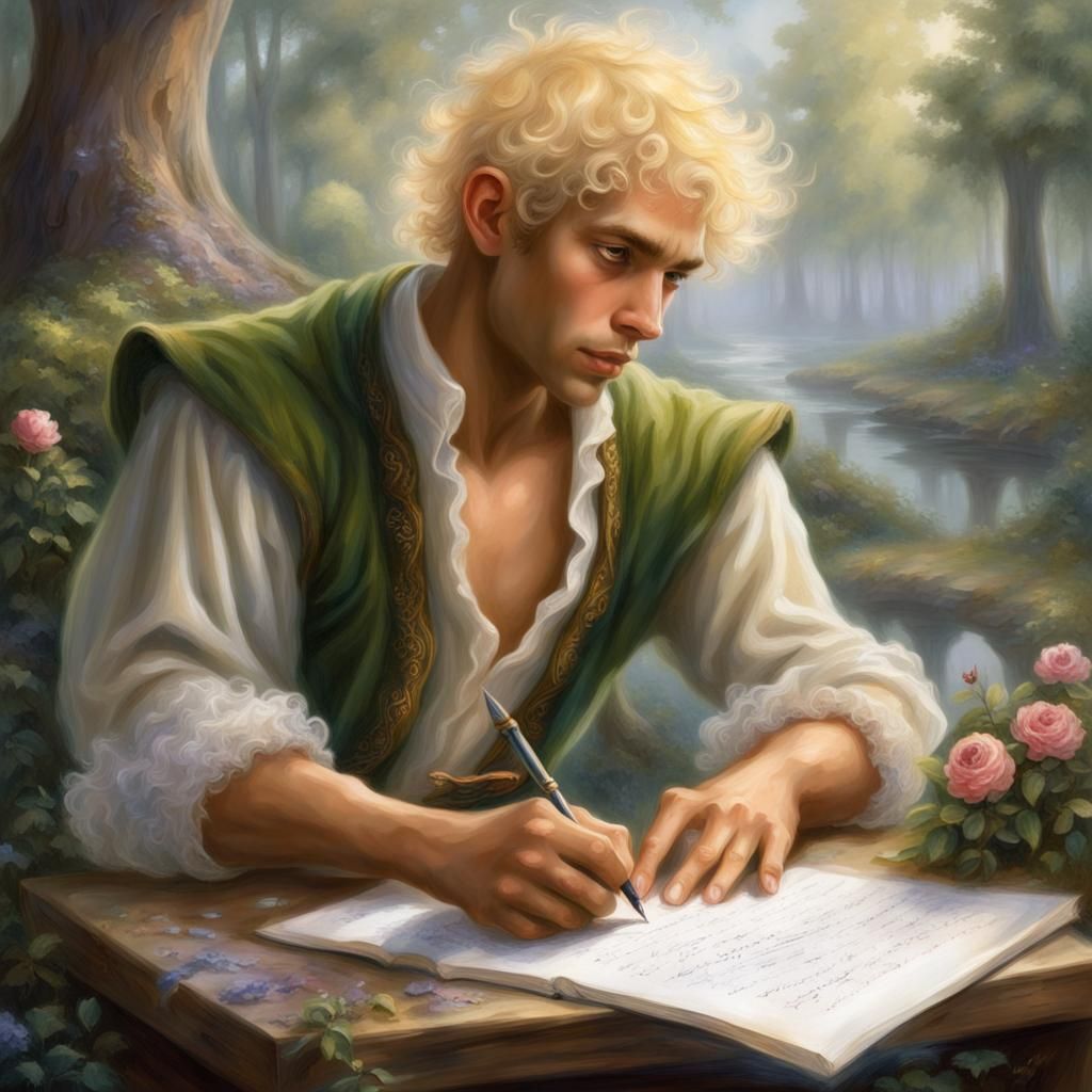 Elf with Vitiligo Writes Poem in Kinkade Style