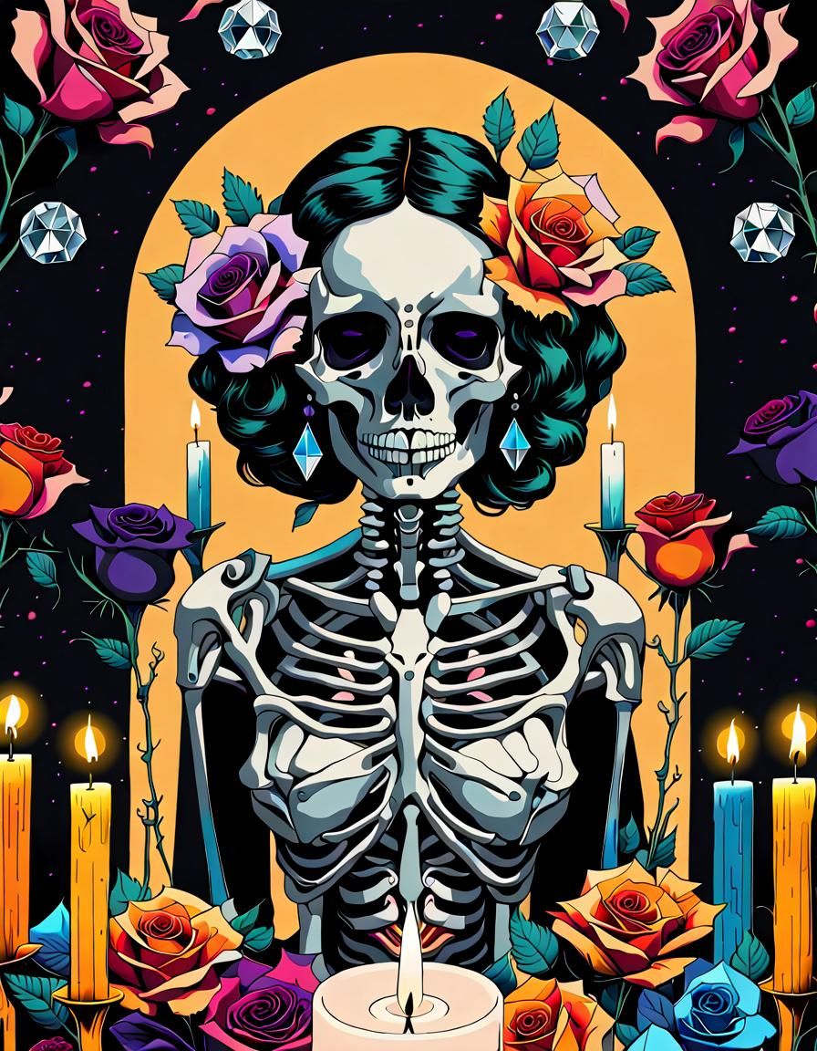 Skeleton Woman with Black Roses in Pop Art Style
