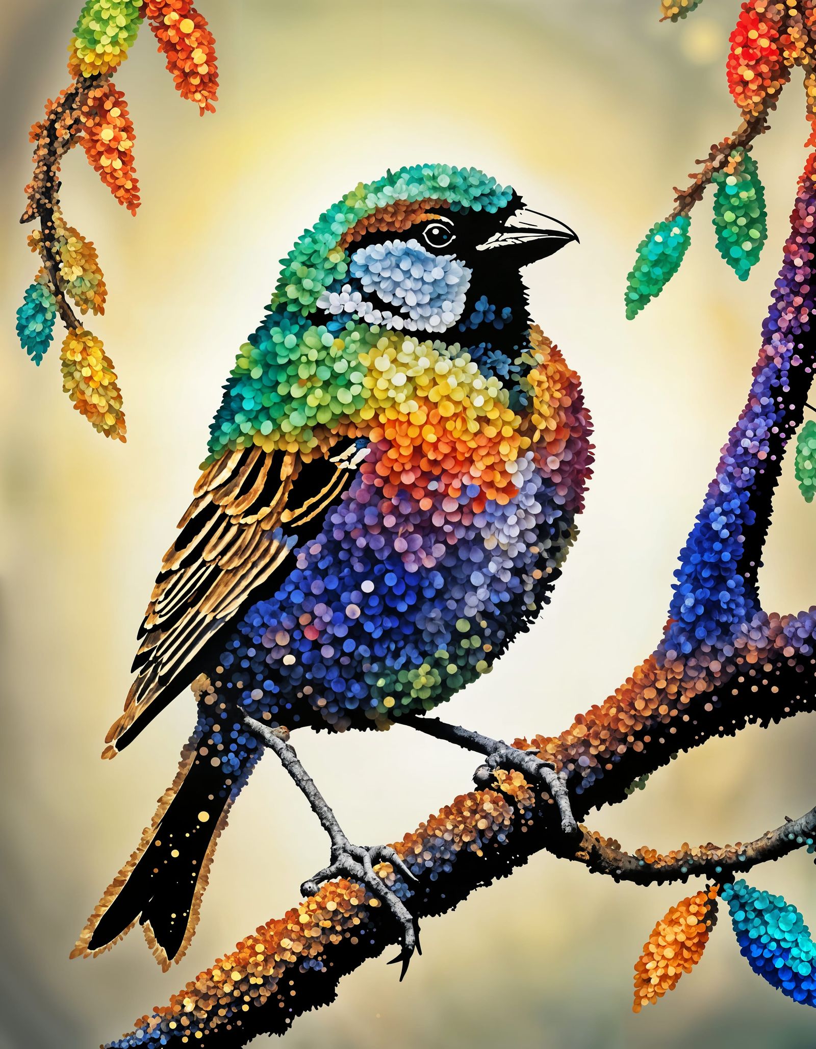 Colorful Sparrow in Pointillism Style on Branch