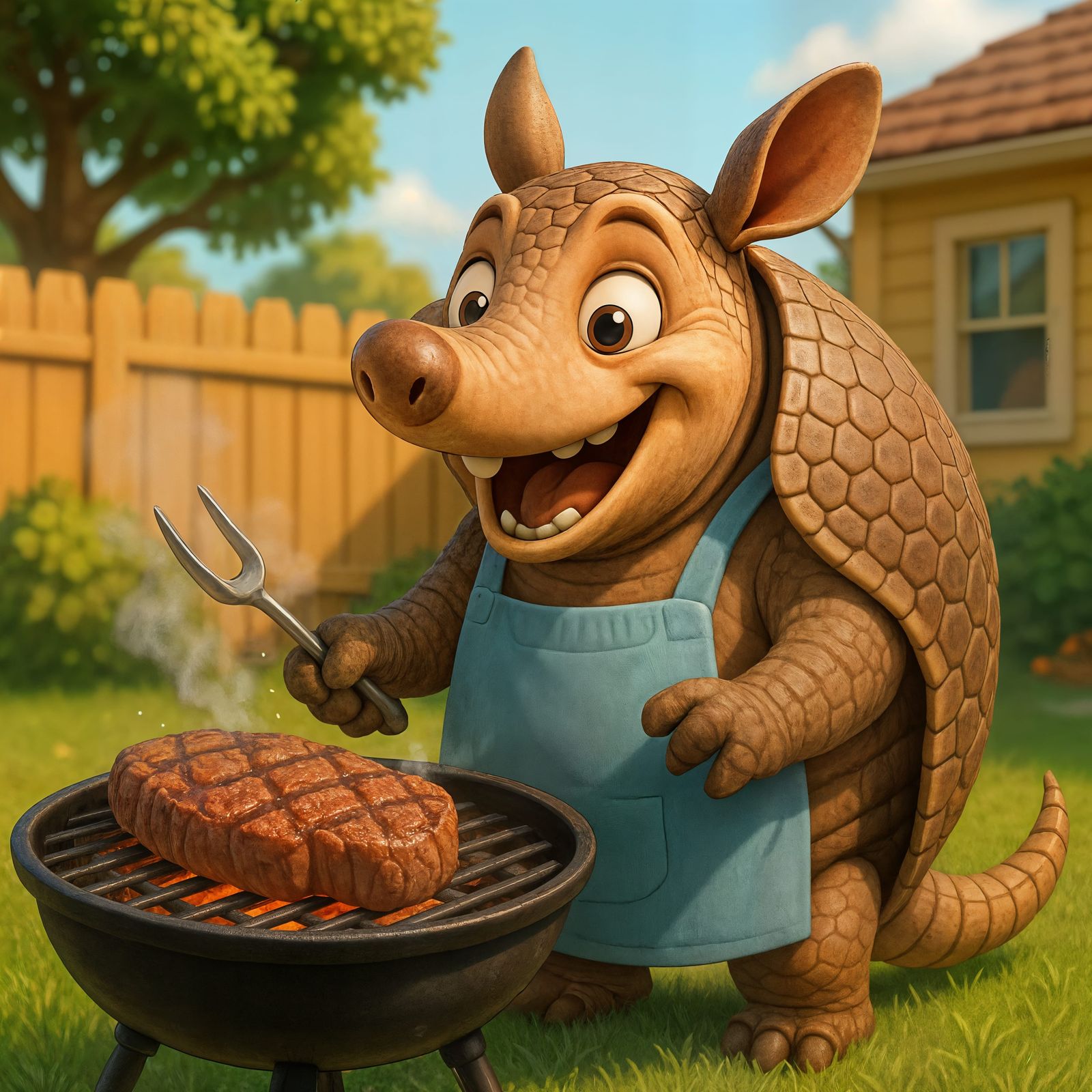 Happy Armadillo Dad Cooks Steak Cartoon