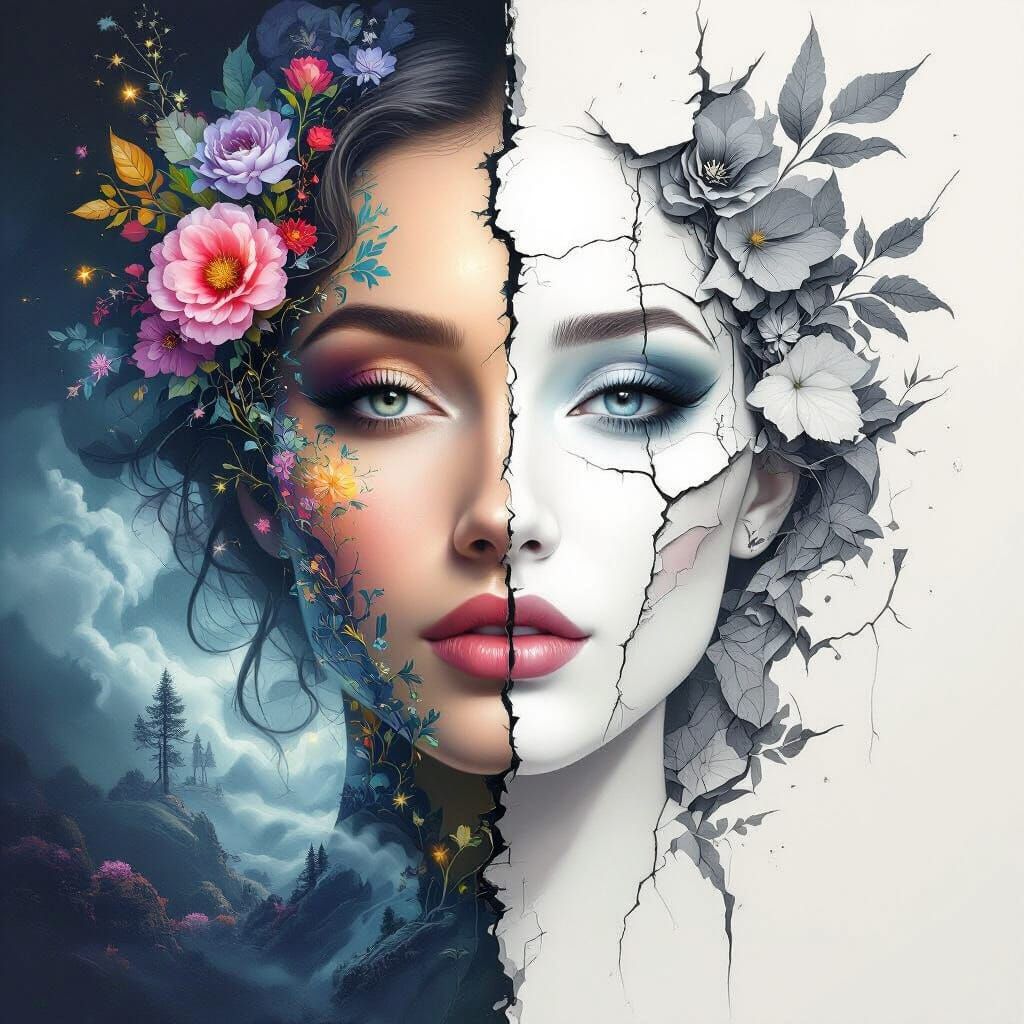 Dreamlike Fantasy Meets Fractured Reality on Woman's Face