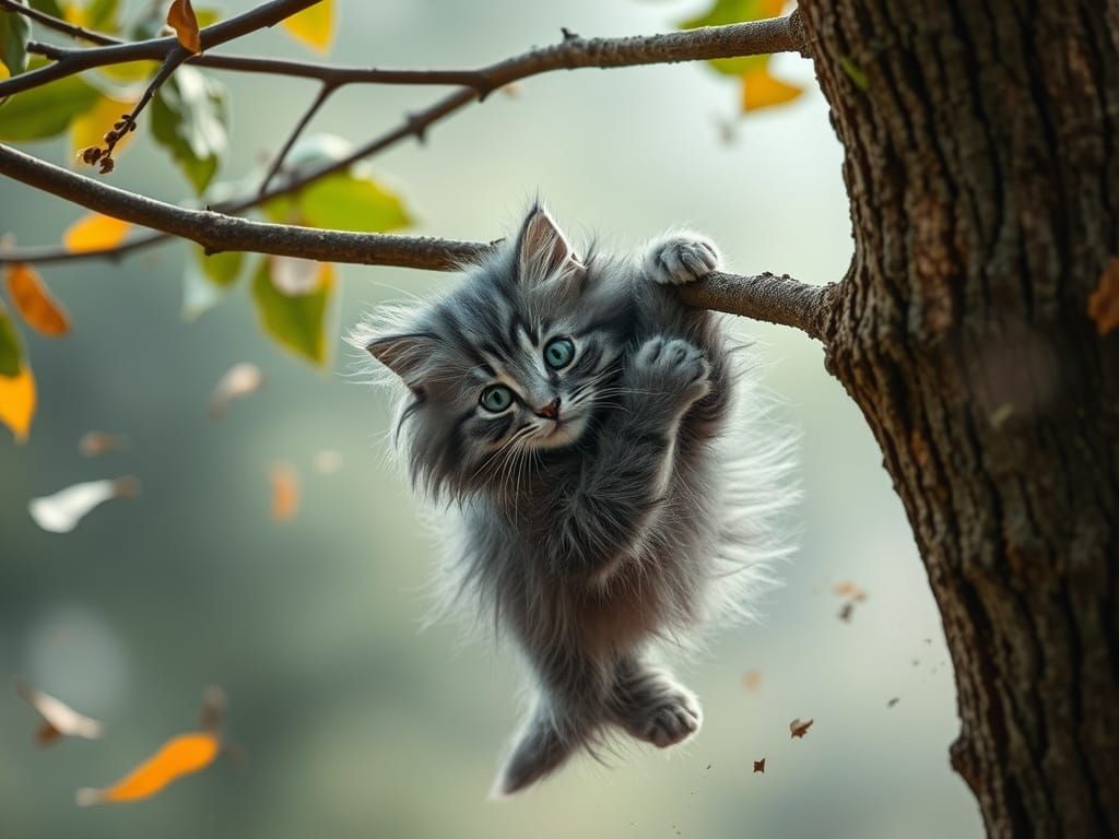 Kitten's Tree Branch Hold in Fierce Wind