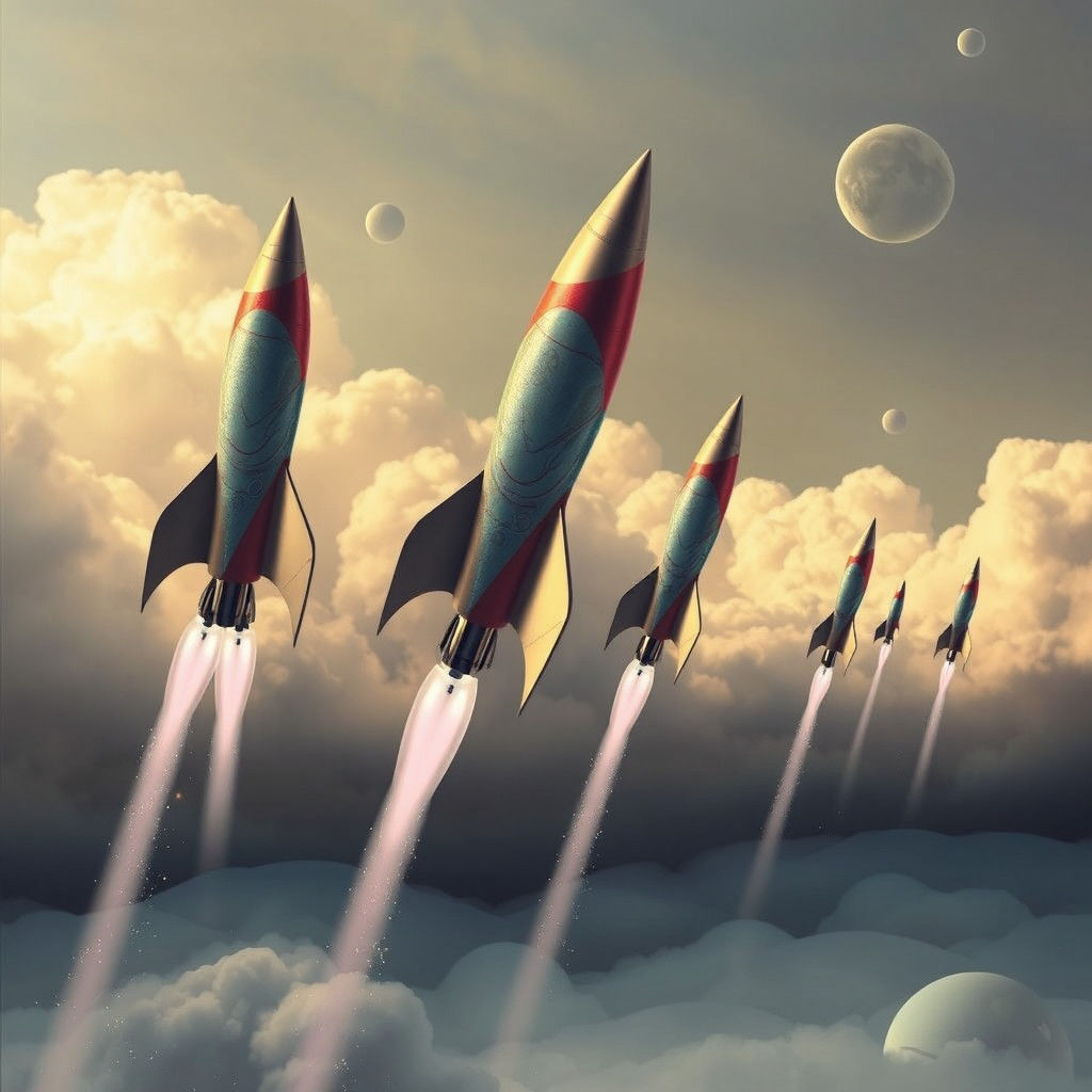 Surreal Rockets Soar in Dreamlike Sky