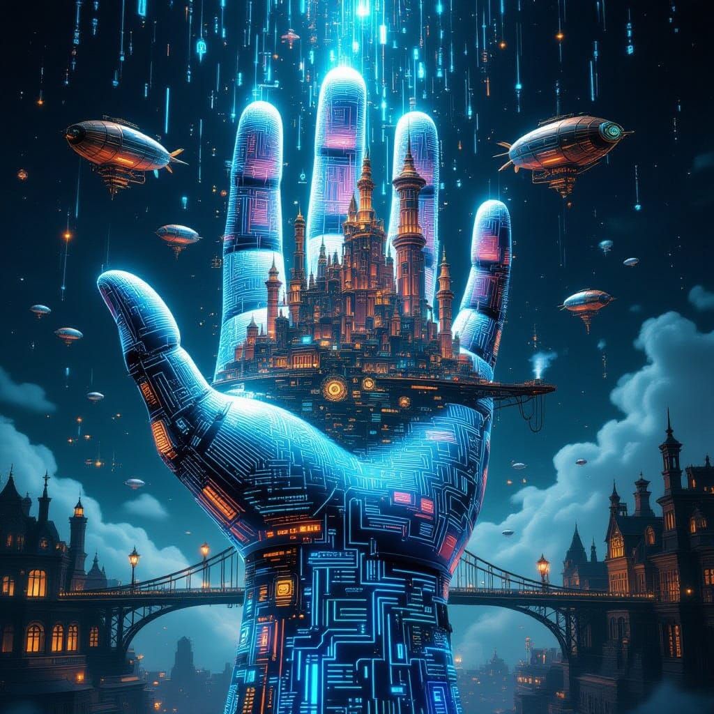Steampunk City Held By Digital Hand