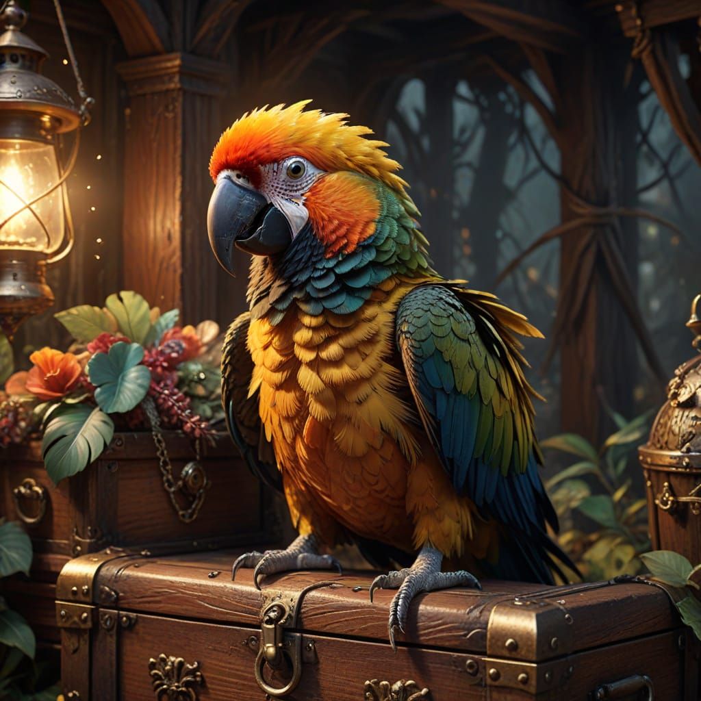 Pirate Parrot Oil Painting With Treasure Chest