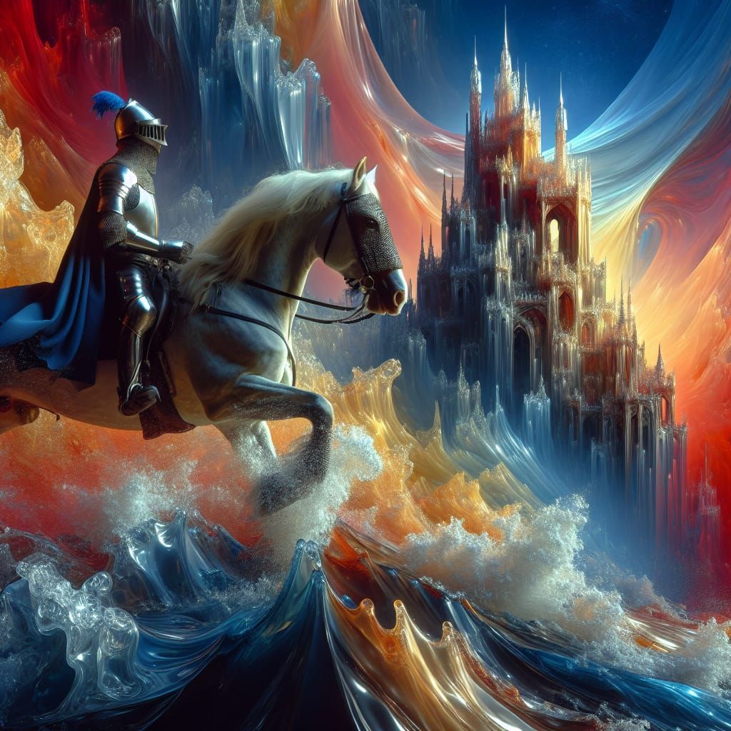 A knight on a horse riding up a glass mountain with a castle at the top. Extraordinary intricate details.