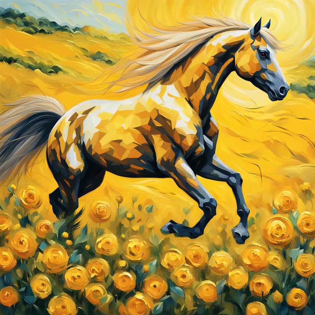 Golden Horse Runs Through Yellow Flower Field