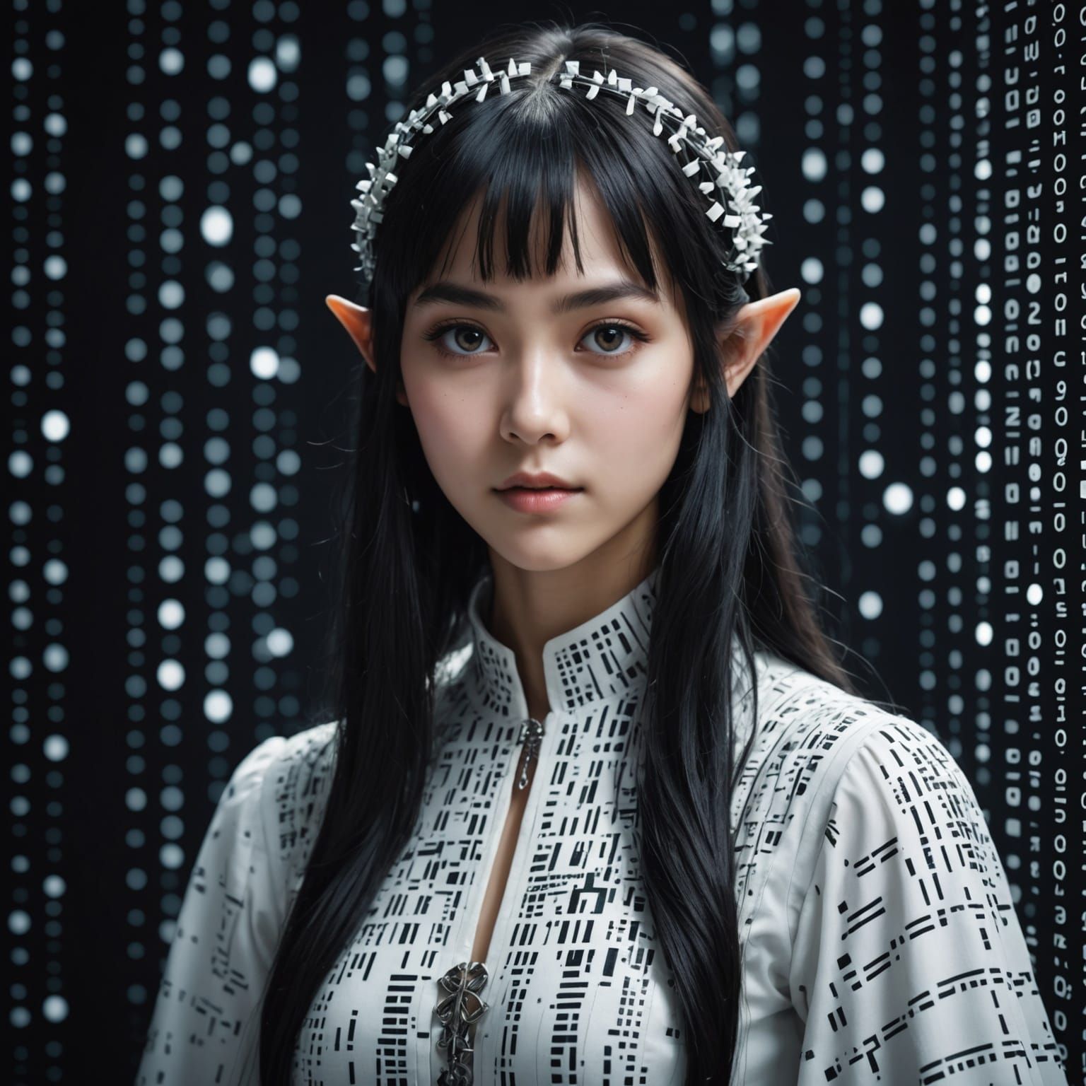 Glowing Binary Code Elf in Magical Sunlit Portrait