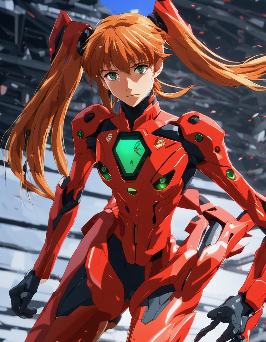 Asuka Langley in Front of EVA 02: Anime Art