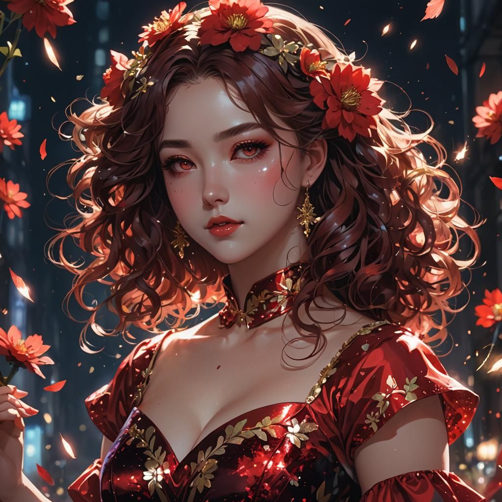 Anime Girl in Red Dress, Curvy, WLOP Style