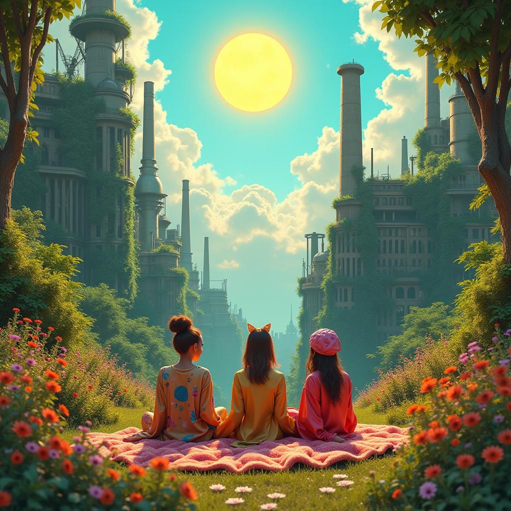 Industrial Oasis Picnic in Digital Art Style