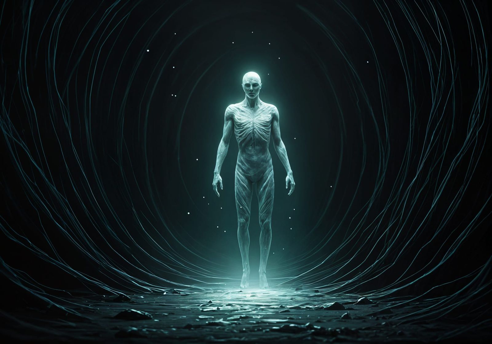 Uncanny Shadow Figure in Bioluminescent Forest