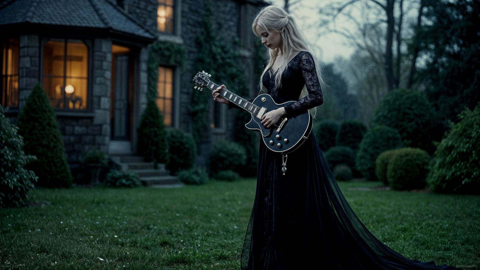 Gothic Woman Plays Guitar Under Moonlight in a Dark Fantasy ...