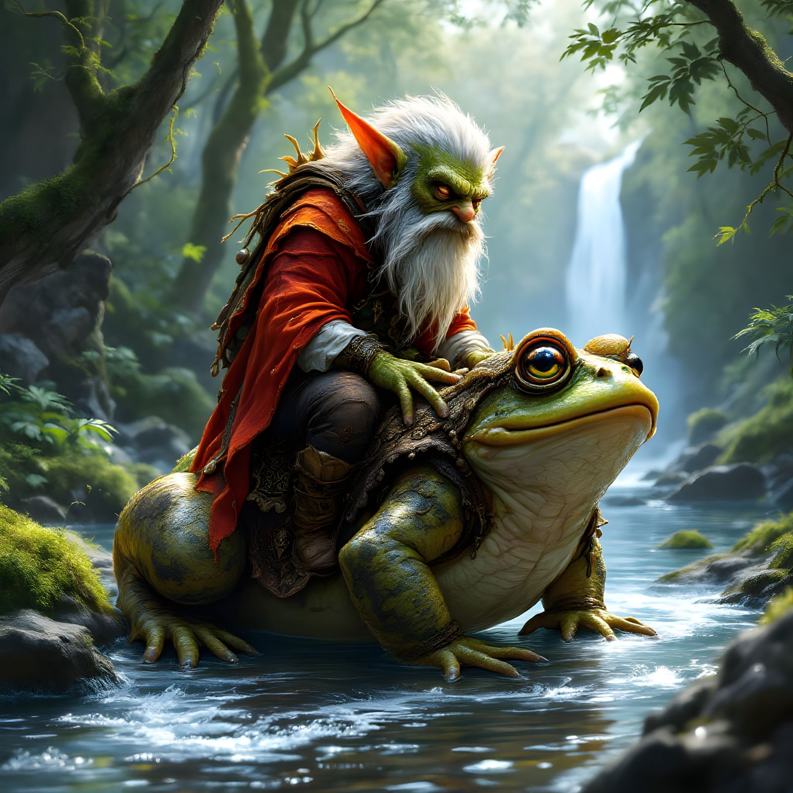Goblin Rides Toad in Enchanted Forest: Digital Art