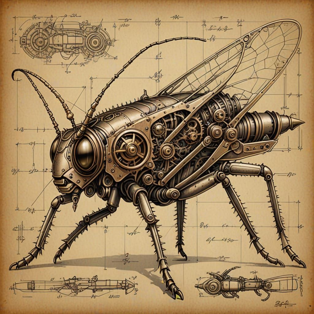 Steampunk Grasshopper: Mechanical Blueprint on Drafting Pape...