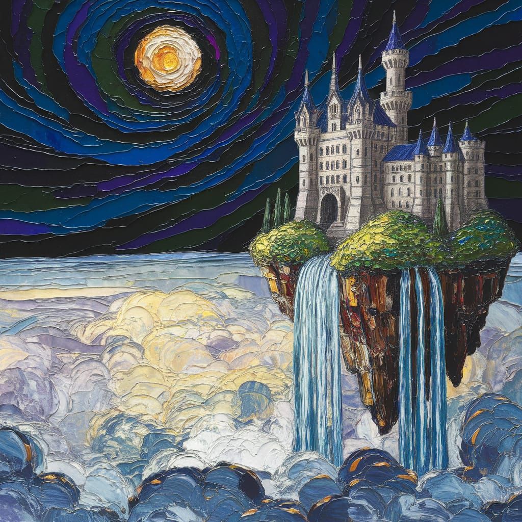 Floating Castle with Waterfalls in Abstract Style