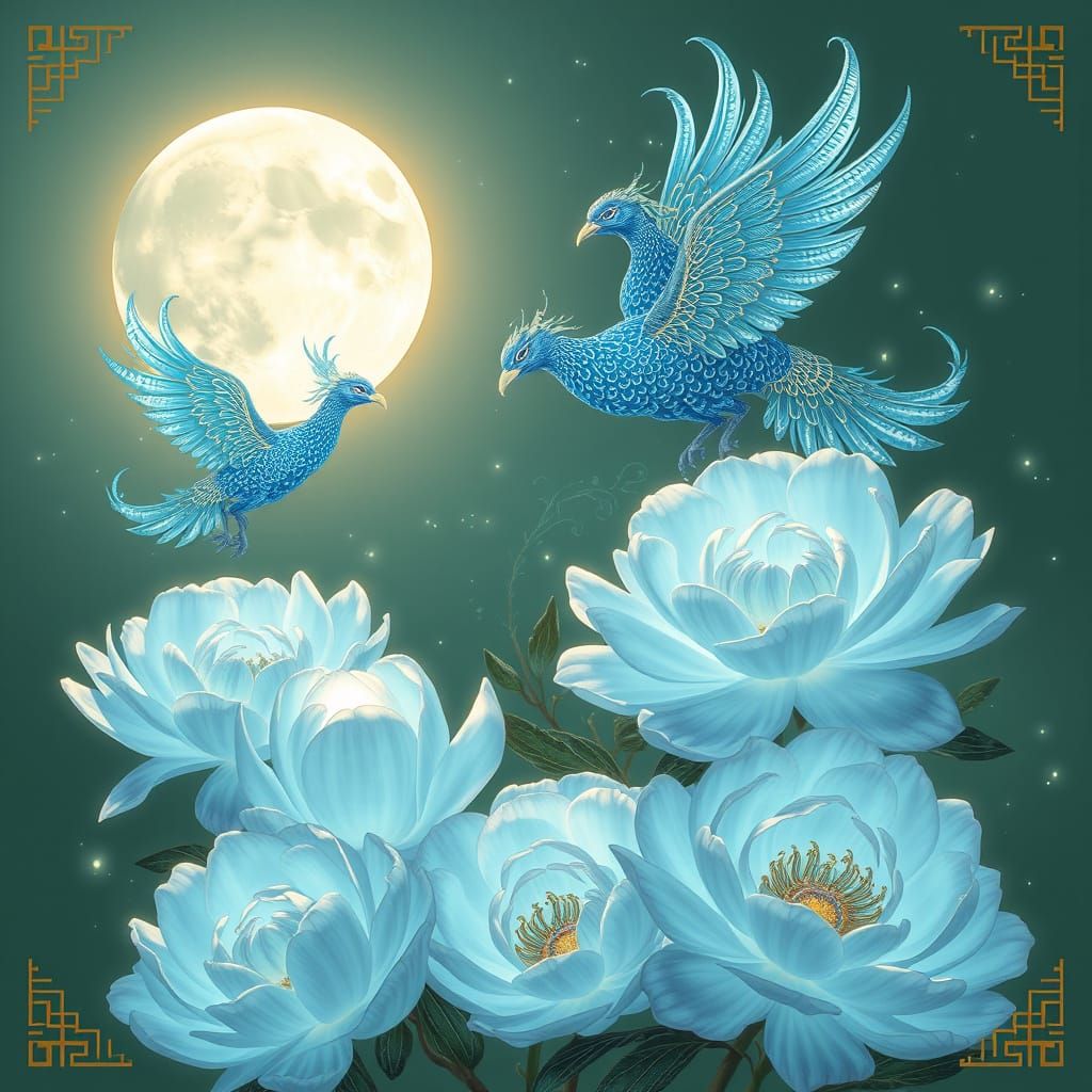 Surreal Peony Blooms Under Full Moon in Whispers of Elegant ...