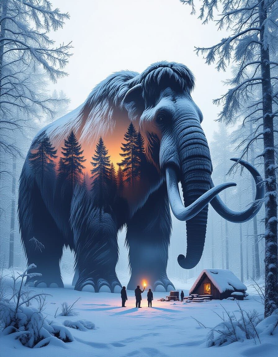 Woolly Mammoth Silhouette Blends With Winter Forest