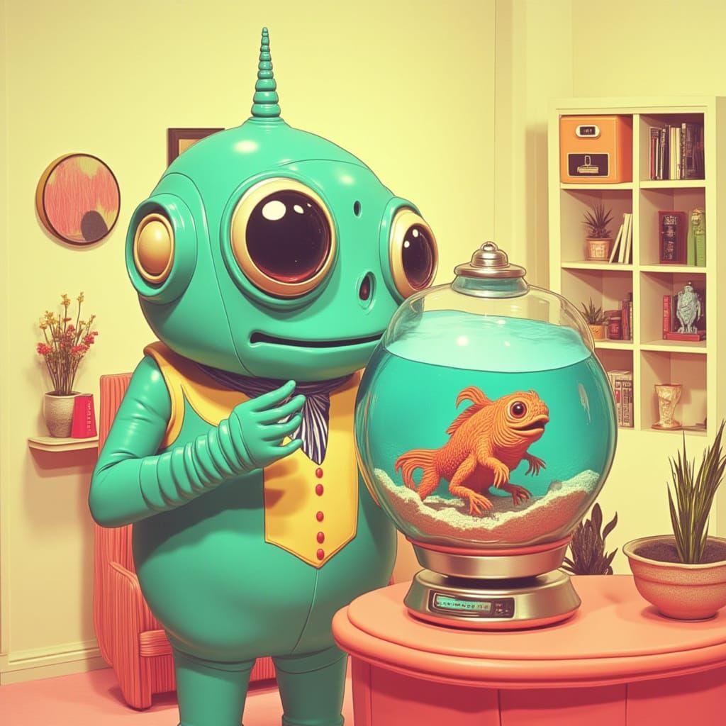 Cute Robot Holding a Fishbowl