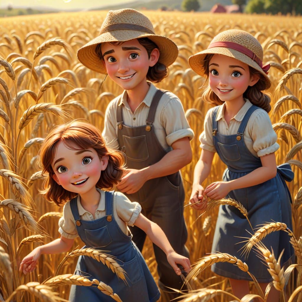 Family of Farmers harvesting grain. Amber waves of wheat on the ground. Colorful colors.