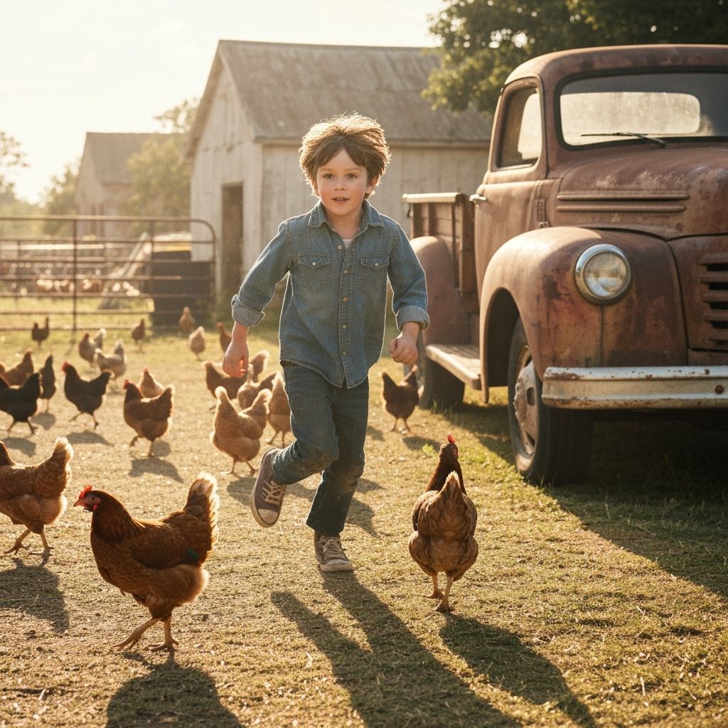 Boy Chasing Chickens in Sun-Drenched Farmyard